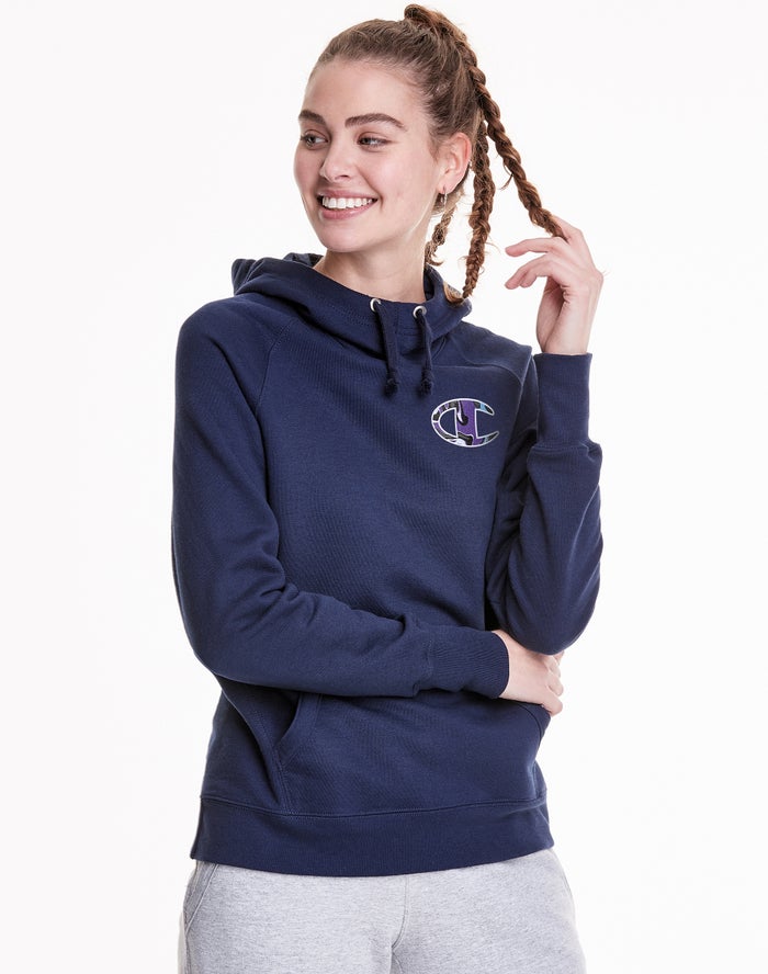 Champion Hoodie Dames - Donkerblauw - Powerblend Fleece Liquid Filled C And Script Logo ( 894765-TBD